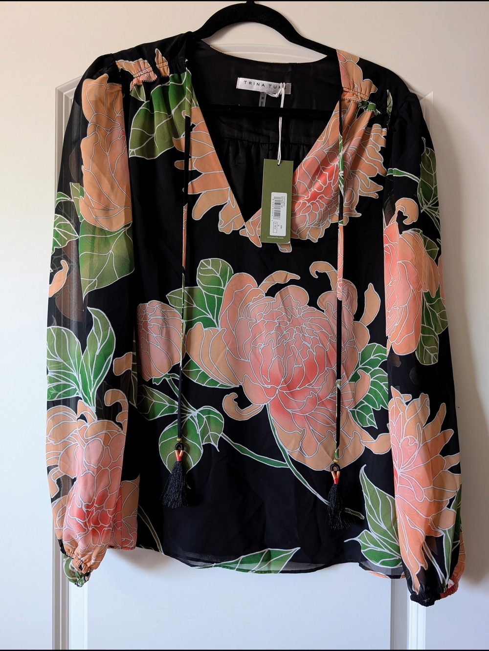 Trina Turk Black Blouse with Peach Floral Print Medium NWT